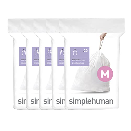 simplehuman Code M Genuine Custom Fit Drawstring Trash Bags in Dispenser Packs, 20 Count (Pack of 5), 45 Liter / 11.9 Gallon, White