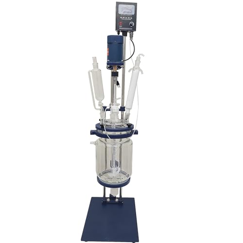 HQHAOTWU Glass Reactor Chemical Jacketed Glass Reactor Vessel Digital Display Vessel Device Double-Layer Glass Reactor with Support Frame Adjustable Speed for Lab Reaction Distillation 5L 110V