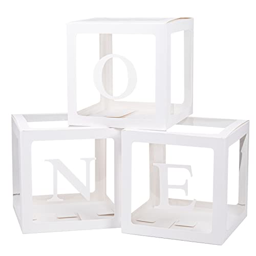 Keencopper First Birthday Decorations For Boy Or Girl, 3 Pcs ONE Balloon Boxes For 1st Birthday, Baby Clear Blocks Party Decor With ONE TWO Letters For Photoshoot Props, Cake Smash Backdrop