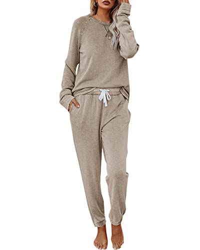 Eurivicy Women's Solid Sweatsuit Sets Long Sleeve Pullover and Drawstring Sweatpants 2 Piece Sport Outfits