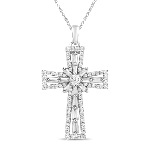 Amazon Essentials 10K White Gold Diamond Cross Pendant Necklace (1 cttw), 18' (previously Amazon Collection)