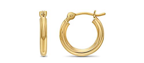 14k Yellow Gold Classic Shiny Polished Round Hoop Earrings, 2mm tube (13mm (0.5 inch))