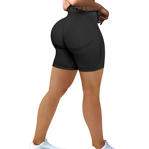 Seamless Biker Shorts for Women High Waist Yoga Shorts Tummy Control Smile Contour Biker Shorts((H-Smile Contour)-Black,Large)