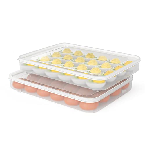 77L Deviled Egg Containers with Lid, (Set of 2), Plastic Egg Holder for Refrigerator for 48 Eggs, Clear Storage Deviled Egg Carrier Tray, Fridge Stackable Countertop Portable Egg Dispenser