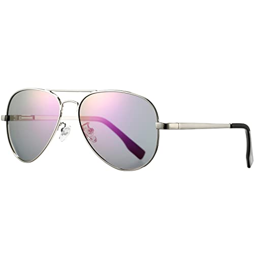 PORADAY Polarized Aviator Sunglasses for Men Women Metal Frame 100% UV400 Protection Lens, 58mm(Silver Frame/Purple Mirrored Lens)