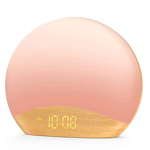 HOUSBAY White Noise Machine Sunrise Alarm Clock, Wake Up Light, Dimmable Night Light, 26 Natural Sounds, Gentle Wake up & Sound Machine for Sleeping, Adults, Kids, Baby-Wooden