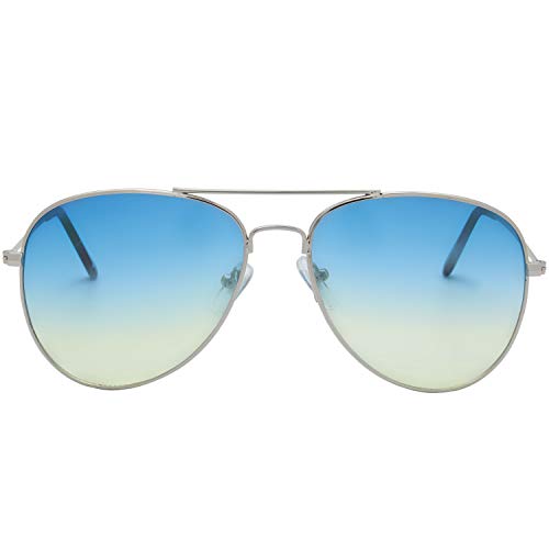 The Fresh Classic Metal Frame Oceanic Color Lens Aviator Sunglasses with Gift Box (Silver, Blue/Yellow)