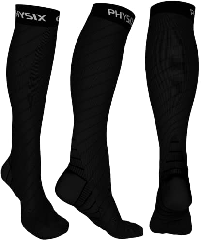 Physix Gear Compression Socks 20-30 mmHg - Men & Women - Running, Nurses, Shin Splints, Flight, Travel (Black-L/XL)