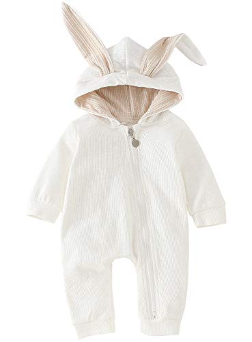 AGQT Baby Boys Bunny Costume Easter Halloween Clothes One Piece Romper Rabbit Ear Outfit Bodysuits Hoodie White Size 3-6 Months