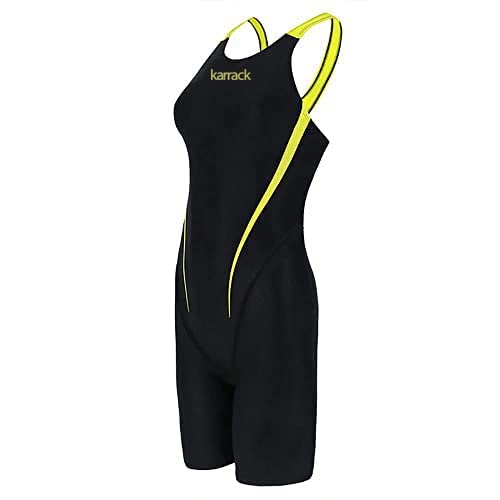 karrack Girls Sport Splice One Piece Swimsuit Training Competition Children Swimming Suit Black/Yellow (Size 11-12 Years)