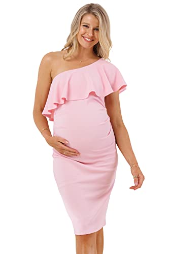 LaClef Women's Maternity Ruffled One Shoulder Side Ruching Dress (Blush, Small)