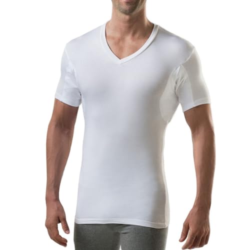 Men's Sweatproof Undershirt | Slim Fit V Neck T-Shirt with Underarm Sweat Pads | Aluminum-Free Alternative, White, X-Large