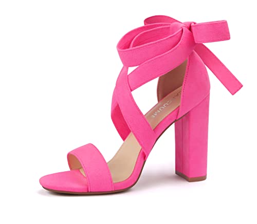 Strappy Heels for Women Chunky Heels High Heeled Sandals with Lace Up Fahsion Casual Nude Block Heel Sandals,Ellery-HOT PINK NEW-8