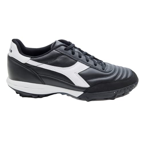 Diadora Calcetto LT Turf Soccer Shoes - Full Grain Leather, Enhanced Cushioning, Anti-Wear Rubber, Synthetic Turf, Optimal Traction and Stability, Black/White, 9 UK