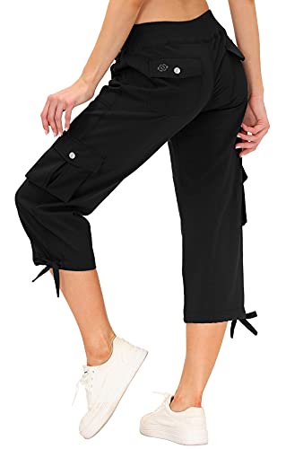 MoFiz Women's Hiking Capris Pants Lightweight Quick Dry Running Athletic Casual Outdoor Cargo Pants for Women Pockets Black 2XL