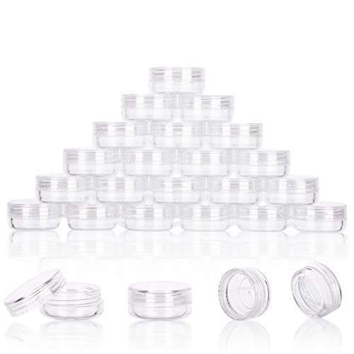 3 Gram Sample Containers with Lids, 25 Count Clear Sample Jars, Empty Lip Balm Containers, Mini Cosmetic Containers with Lids, Makeup Travel Containers with Labels, Mini Disposable Spatulas