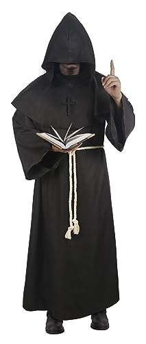 JEGERMIG Men's Mage Robe Medieval Friar Monk Priest Hooded Robe Cloak Adult Wizard Costume