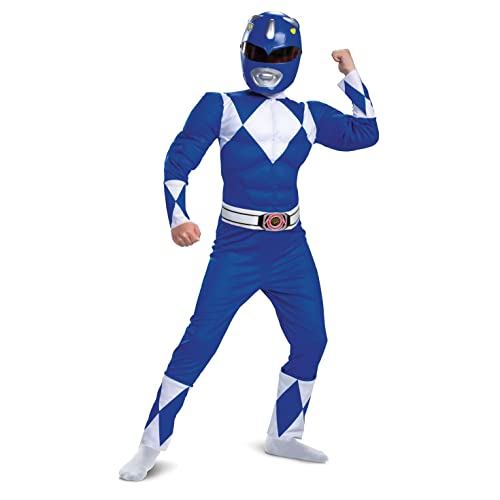 Blue Power Ranger Costume, Kids Size Beast Morphers Muscle Padded Character Jumpsuit and Mask, Classic Child Size Small (4-6)