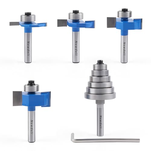 Newdeli Rabbet Router Bit Set 1/4 Inch Shank - 4Pcs Rabbeting Router Bits（1/8',1/4',3/8', 1/2' Height） with 6 Bearings Set (1/2', 5/8', 3/4', 7/8', 1', 1-1/8' Bearings) - Wood Biscuit Slot Cutters