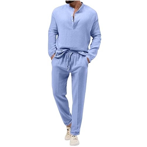 Muscularfit deals of the day clearance Cotton Linen Sets for Men 2 Piece Button Down Shirt Long Sleeve Drawstring Waist Pants Fall Fashion Outfits 2023 men joggers pants pack 4 Light Blue 3X