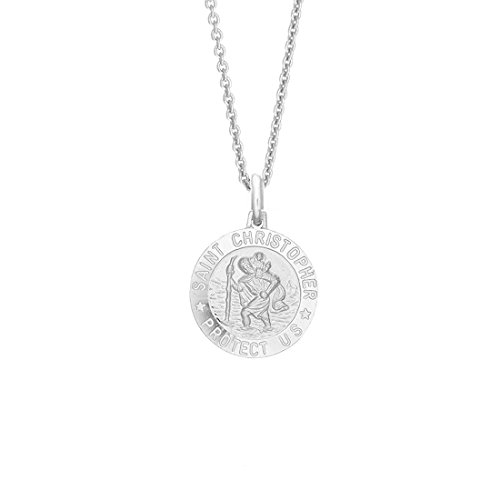 Ritastephens Italian Sterling Silver Mini Round Saint St Christopher Medal Charm Pendant Necklace, 12mm, 16'