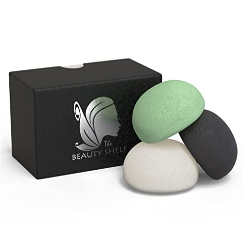 The Beauty Shelf Konjac Sponge Set, 3 Pack Exfoliating Facial Sponges - Hemisphere Shape - Pure Konjac Glucomannan with Activated Bamboo Charcoal, Green Tea, Natural White - Premium Skin Care