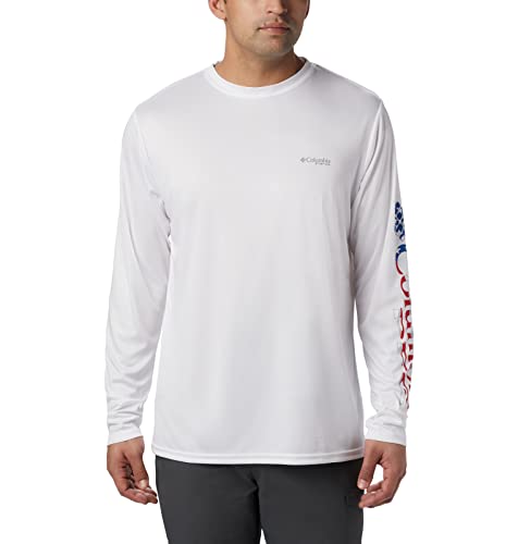 Columbia Men's Terminal Tackle PFG Sleeve Long Sleeve Shirt, White, Stars & Stripes, Large