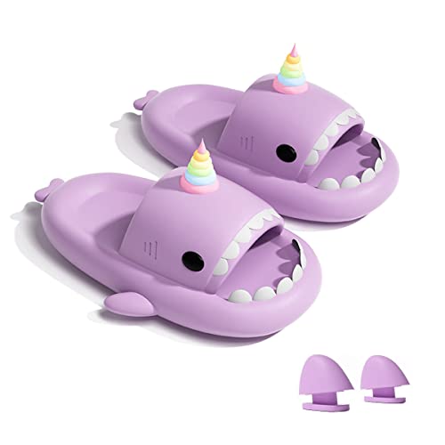 Hello Slippers Unicorn Glow in The Dark Shark Slides Sandals, Super Soft Eco-Friendly EVA Material Comfortable Shoes for Women and Men Indoors & Outdoors (Purple EU 36-37)