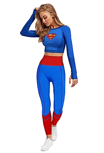 Supergirl Womens Cosplay Active Workout Outfits – Legging and Shirt 2PC Sets Superman by MAXXIM Supergirl Medium