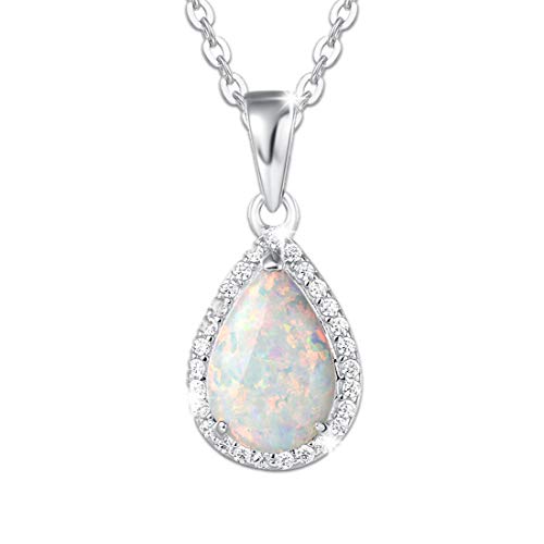 FANCIME Sterling Silver Opal Necklace White Fire Opal Halo Waterdrop Teardrop Pear Shape Opal Pendant October Birthstone Necklace Jewelry for Women 16”+2”