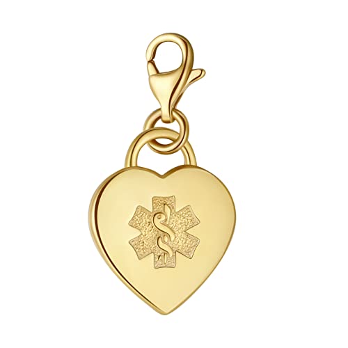 Divoti Deep Custom Laser Engraved Adorable Heart PVD 316L Medical Alert Charm w/Lobster Clasp-Gold