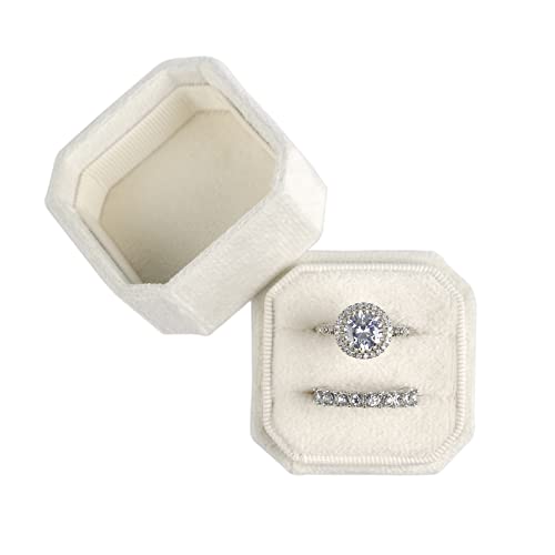 NicGor Velvet Ring Box Double Slots, Gift for Proposals Engagement and Wedding Band Photographs - Octagon Jewelry Ring Boxes (Beige)