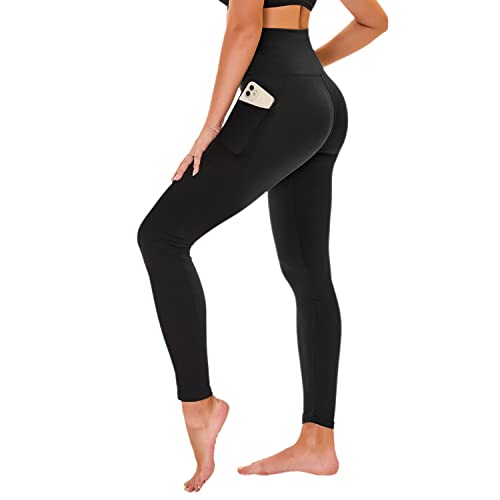 High Waisted Leggings for Women - No See Through Tummy Control Cycling Workout Yoga Pants with Pockets Reg & Plus Black