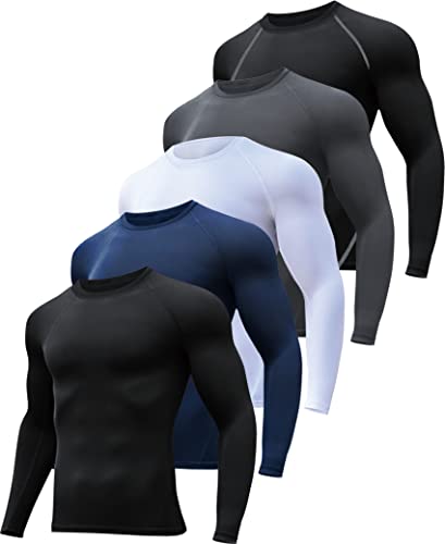 HOPLYNN 5-Pack Men's Compression Shirts - Long Sleeve Athletic Cold Weather Baselayer for Sports Workout - Black, White, Blue, Gray (L)