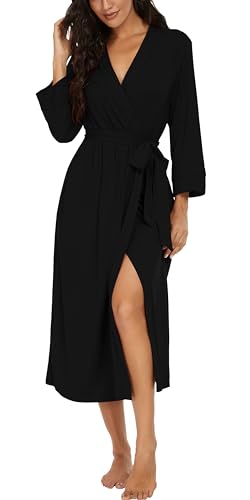 VINTATRE Women Kimono Robes Long Knit Bathrobe Lightweight Soft Knit Sleepwear V-neck Casual Ladies Loungewear Black-Large
