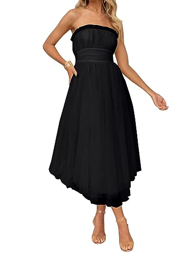 Umenlele Women’s Sweetheart Ruched Tulle Princess Dress Strapless Evening Bridesmaid Party Prom Dresses Black# Small