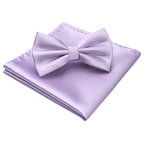 Bow Ties for Men Lavender Solid Color Pre Tied Bow Tie and Pocket Square Classic Adjustable Clip on Light Purple Bowties Handkerchief Set for Wedding Party