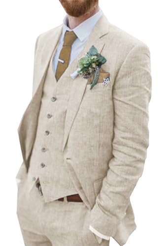 Wehilion Retro Beige Linen Men Suit Notched Lapel Slim Fit Wedding Suit for Men 3 Pieces Linen Jacket Blazer Homecoming Tuxedo be-l