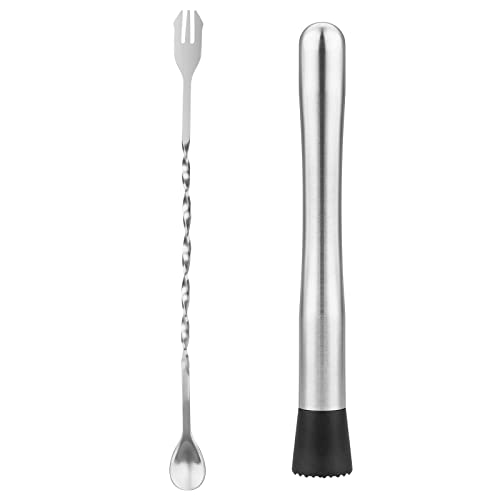tifanso Muddler for Cocktails, 10' Muddler and Bar Spoon Cocktail Mixing Spoon, Stainless Steel Cocktail Muddler Stirrer, Cocktail Spoon Long Handle, Bar Accessories Tools for Mojitos Fruit Drinks