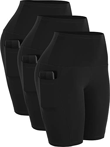 CADMUS 3 Pack Women 9' Biker Compression Short Leggings for Yoga Workout with Big Pockets,3 Pack,1026,Black,Large
