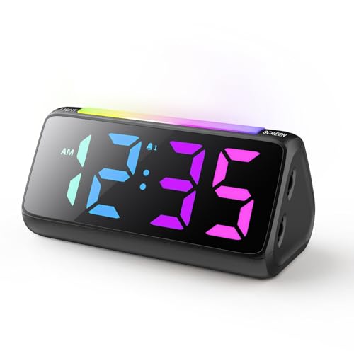 Netzu Digital Alarm Clocks for Bedrooms, Bedside Clocks with RGB Night Light, Rainbow Time, Large Display, Dual Alarm, Snooze, LED Desk Dimmable Alarm Clock for Kids Teens (Black)