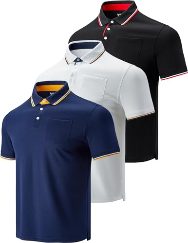 3-Pack Men's Performance Dry Fit Tech Golf Polo Shirts with Chest Pocket, Short Sleeve Active T Shirts (Set 2, Large)