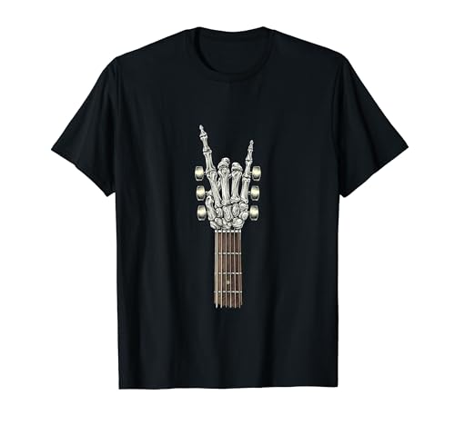 Rock On Guitar Neck Skeleton Hand Sign Rock & Roll Band Tees T-Shirt