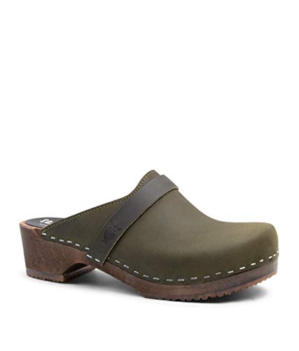 Sandgrens Swedish Low Heel Wooden Clog Mules for Women, US 9-9.5 | Tokyo Olive DK, EU 40