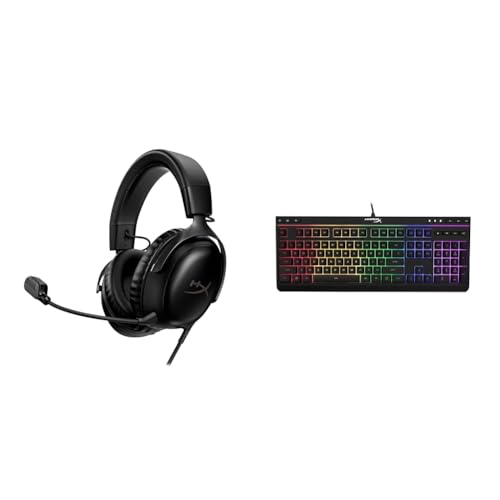 HyperX Cloud III – Wired Gaming Headset, PC, PS5, Xbox Series X|S, Angled 53mm Drivers & Alloy Core RGB – Membrane Gaming Keyboard, Comfortable Quiet Silent Keys