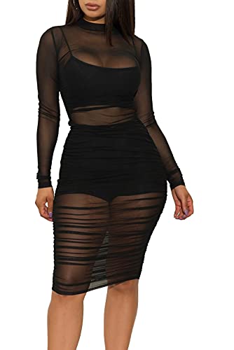 LYANER Women's Mesh Dress Long Sleeve Bodycon 3 Piece Outfits with Cami Shorts Black X-Large