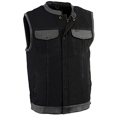 Milwaukee Leather MDM3010 Men's Black Denim Club Style Biker Vest with Leather Trim and Hidden Zipper - Large