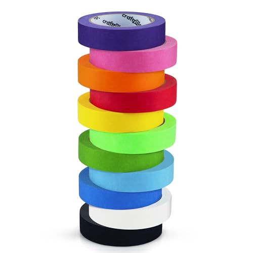 Craftzilla Colored Masking Tape – 11 Roll Multi Pack – 825 Feet x 1 Inch of Colorful Craft Tape – Vibrant Rainbow Colored Painters Tape – Great for Arts & Crafts, Labeling and Color-Coding