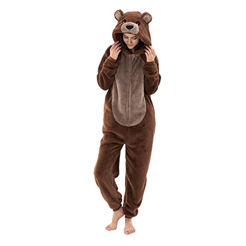 COSUSKET Snug Fit Unisex Adult Onesie Pajamas, Sherpa Bear Animal One Piece Halloween Costume Sleepwear Homewear