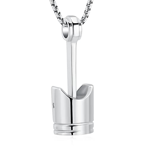 Car Parts Stainless Steel Piston Cremation Urn Necklace For Men Keepsake Memorial Jewelry Hold Ashes (Silver Tone)